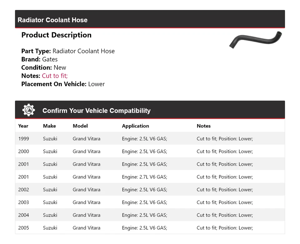 Manguera de refrigerante de radiador puertas inferiores 2000 2001 para Suzuki Grand Vitara 1999-2005 Foto 2 de 4