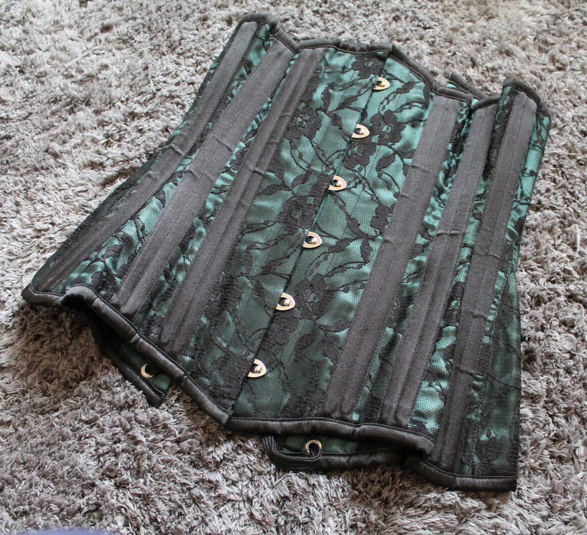 What Katie Did Morticia green satin black lace steel bone