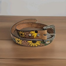 Hand Painted Sunflower Tooled Leather Belt Western Cowgirl Boho Made In Mexico