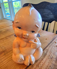 Vintage Ceramic Baby Piggy Bank Figurine with Coin Slot and Blue Bow