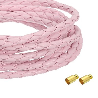 4mm 5.46 Yards Braided Leather Cords, Round Leather Strap Necklaces, Pink