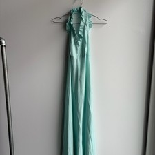 Vintage 70s Mint Green Halter Neck Ruffle Maxi Dress Disco Gown Womens