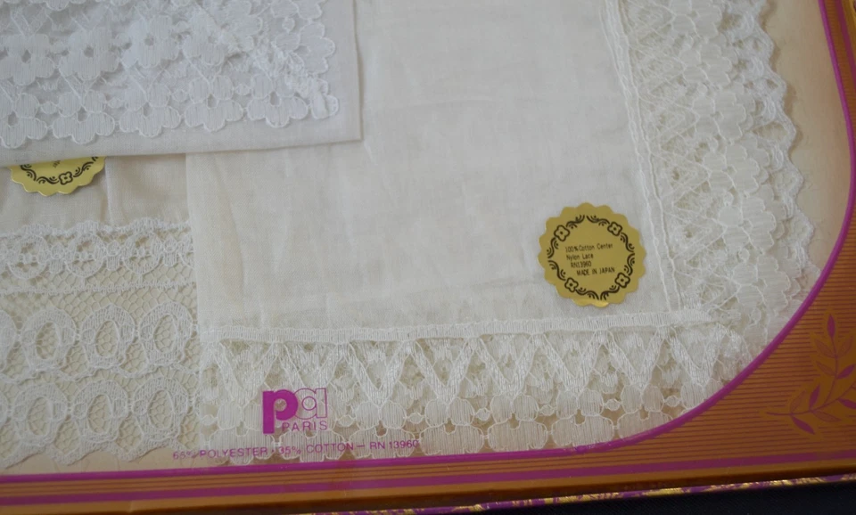 Lenços femininos vintage de renda 3 peças novo na caixa nos Japão algodão/poliéster - Imagem 4 de 4