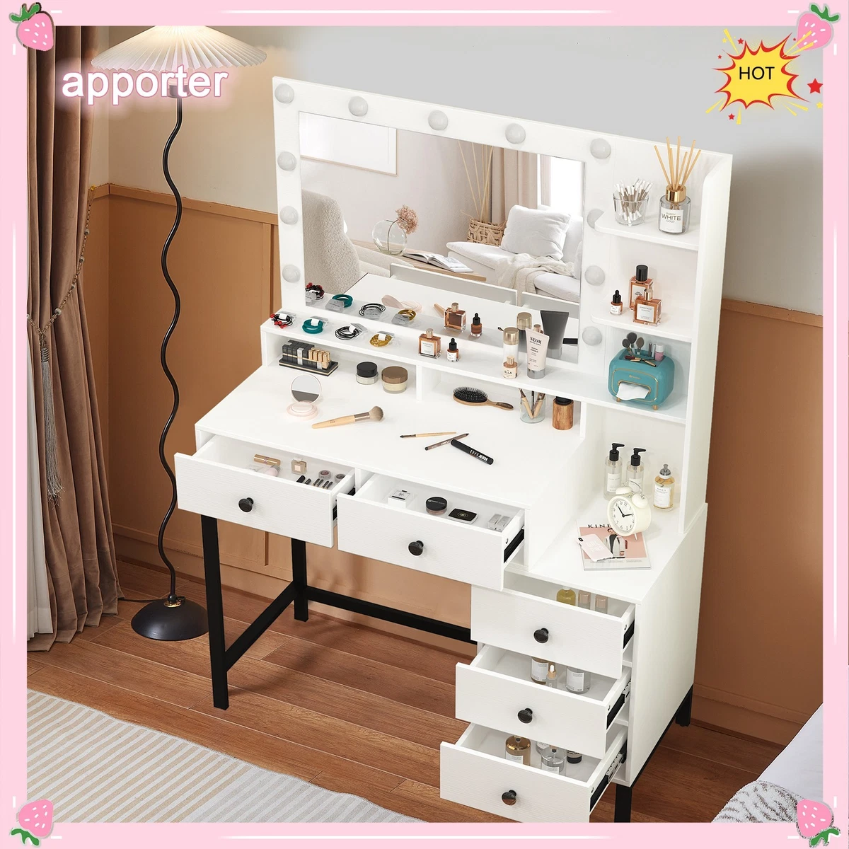 Tocador con espejo LED - 5 cajones y una puerta - 90 x 40 x 73,5 cm