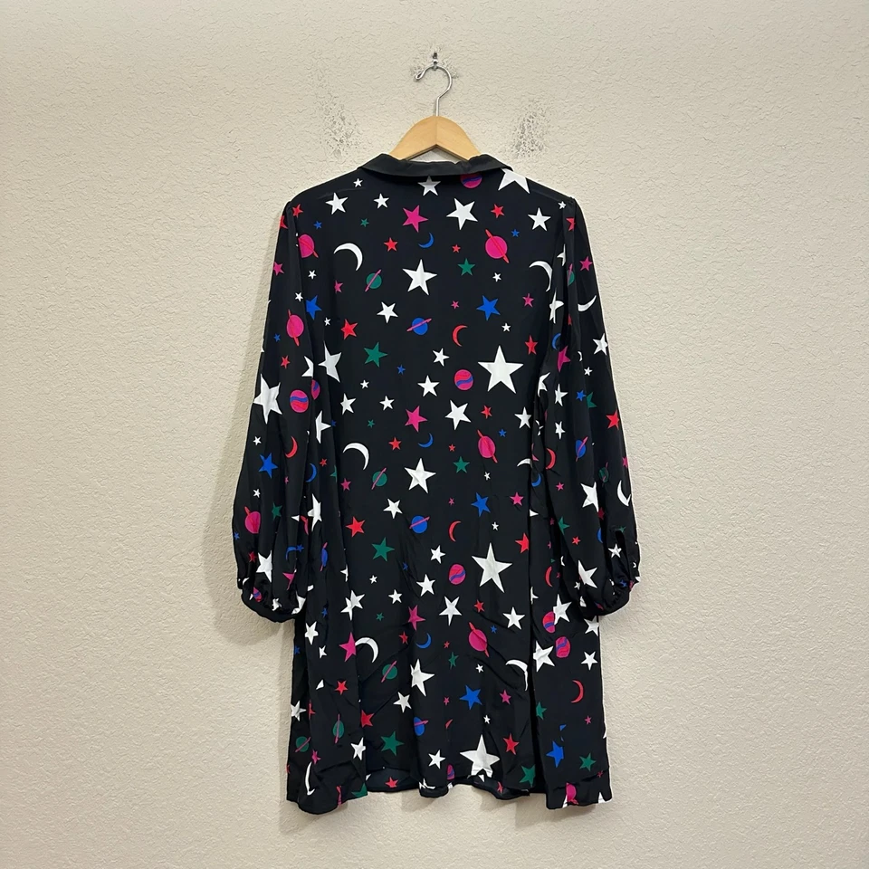 MODCLOTH Mini Shift Dress Women 3X Plus Black Stars Celestial Galaxy Puff Sleeve - Image 2 of 4