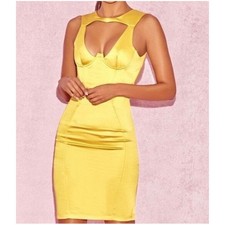 NWT House of CB Katya Cut Out Bust Satin Bustier Sheath Chartreuse Dress Large