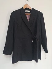 LOUISE KENNEDY Long Jacket 100% Wool Black Floral Print Single Breasted UK12 VGC