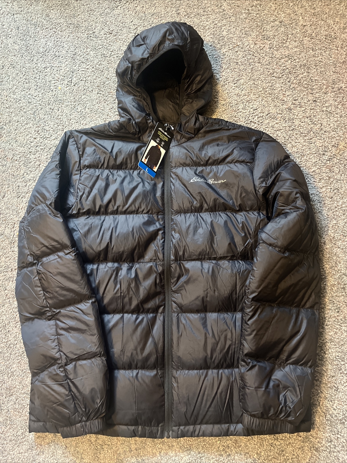 Eddie Bauer Men's Wide Channel Hooded Black Down Jacket EB650 Sz L