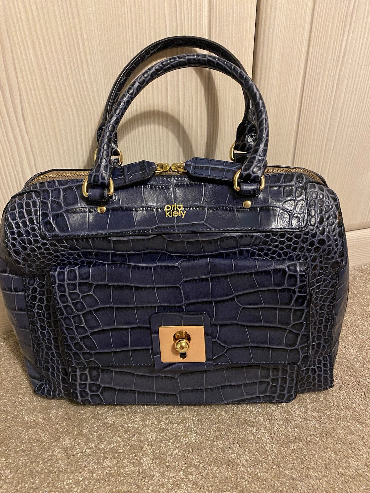 Orla Kiely Croc Embossed Peggy Handbag. Navy
