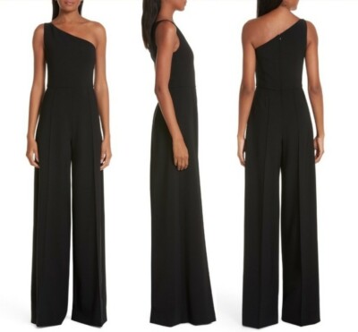 CHRISTIAN SIRIANO Black One Shoulder Wide Leg Pin-Tuck Seam Pants Jumpsuit 4 = S