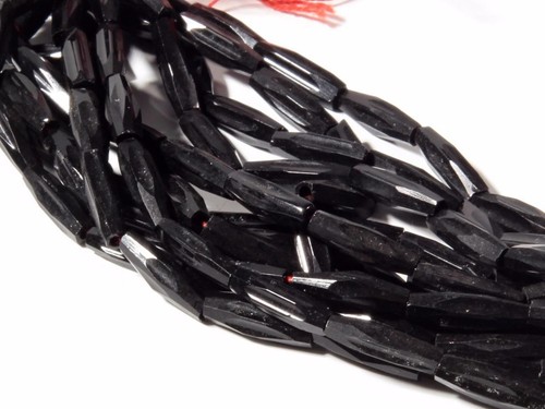 Hank (264) antique Czech oval bicone hand faceted black glass beads 14mm - 第 1/2 張圖片