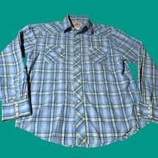 Vintage Wrangler Long Sleeve Pearl Snap Button Up Shirt Med Blue Yellow