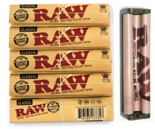 5 pk RAW Classic Natural KING SIZE SLIM Rolling Papers+110mm Hemp Plastic ROLLER