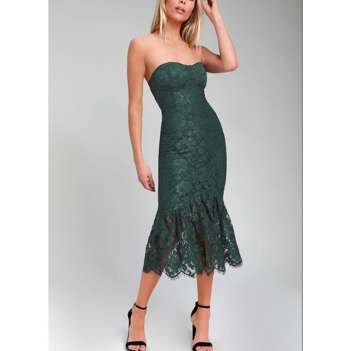 Lulus Divine Nights Forest Green Lace Strapless Midi Dress