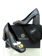NIB VERSACE BLACK  LEATHER GOLD MEDUSA HEAD LOGO HEEL PUMPS 38 8 $850