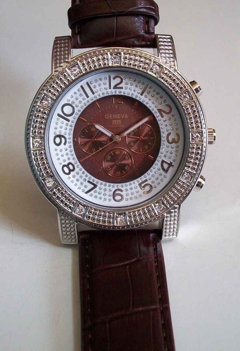 Silver watch with sale brown leather band