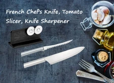 Rada 3 pc Set Knife Sharpener, French Chef knife and Tomato Slicer (Silver)