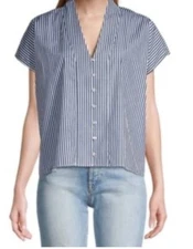 Harshman Waverly Blouse White Navy Stripes Boxy Size Large NWT