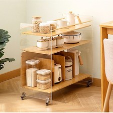 Acrylic&Bamboo End Table Side Table Modern 3-tier End Table with Four Wheels