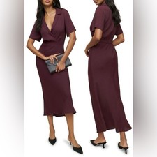 New Reformation Danika Burgundy V neck Short Sleeve Collared Midi Dress sz XS