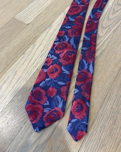 Duchamp London Silk Tie Blue Pink Red Embroidered Floral Pattern 59.5”x3.25”