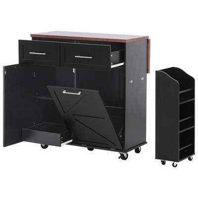 Farmhouse Kitchen Island with Drop Leaf, Removable Organizer Racks, Concealed