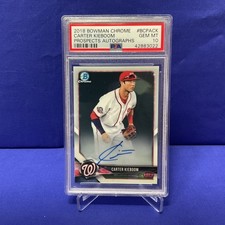 PSA 10 CARTER KIEBOOM AUTO 2018 Bowman Chrome Prospects Rookie Card RC GEM MINT. rookie card picture