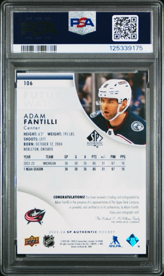 Adam Fantilli 2023-24 SP Authentic Future Watch Auto #106 457/999 PSA 9 MINT - Image 2 of 2