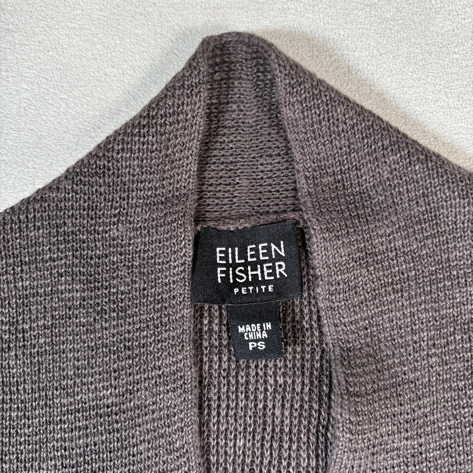 Cardigã Eileen Fisher Suéter Feminino Pequeno PS Cinza Linho Frente Aberta Malha Costela - Imagem 2 de 4
