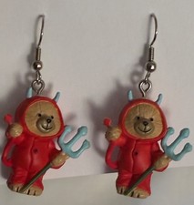 Vintage Figural Teddy Bear in Red Devil Costume Dangle Pierced Earrings