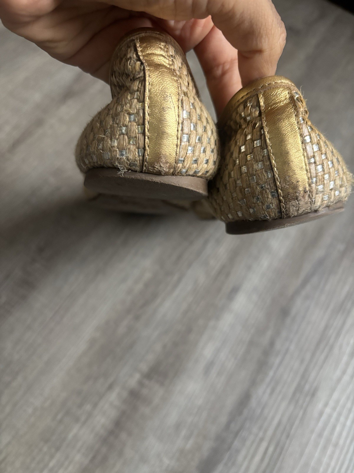 Tory Burch Reva Ballet Flats Woven Metallic Pewter S Logo Medallion Shoes size 8 thumbnail 3