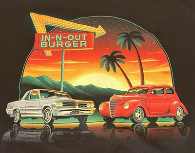 In-N-Out Burger T-Shirt Classic Cars Hills Palms Mens Size XL Black SS Cotton