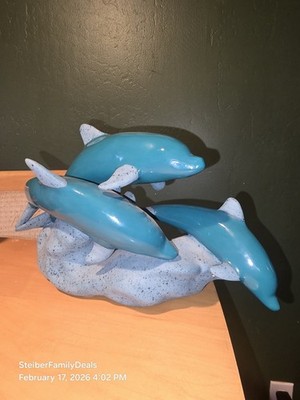 Sculpture Pod Of 3 Dolphins Leaping On Waves Sandy Ceramic Base Nautical 11''x7''