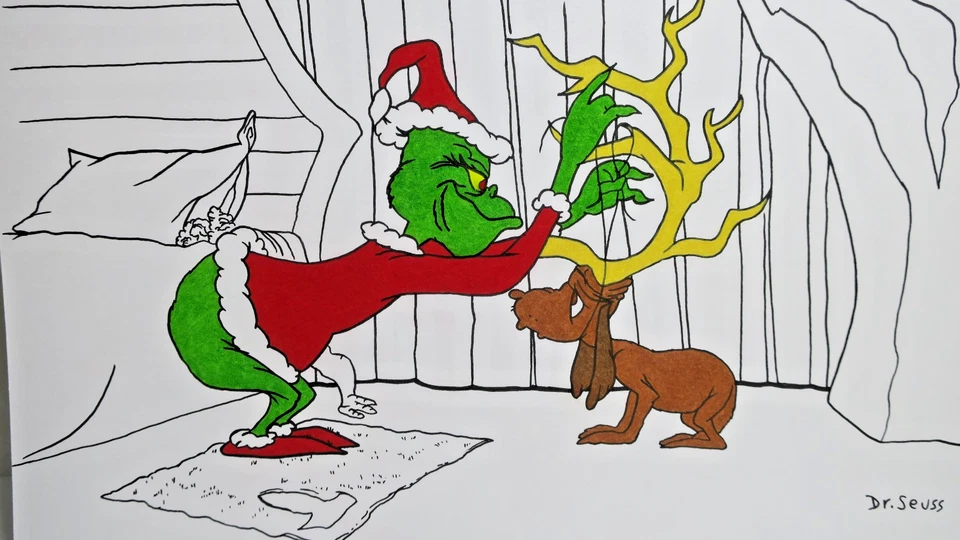 Dr. Seuss Dibujo GRINCH & MAX ~Vestirse para Navidad ~ Arte Original Firmado 🏅 Foto 2 de 4