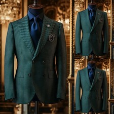 Green Houndstooth Men's Suit Peak Lapel Double Breasted Wedding Tuxedo Coat Pant