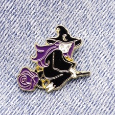 Witch On A Purple Rose Broomstick Enamel Pin Badge Collectable