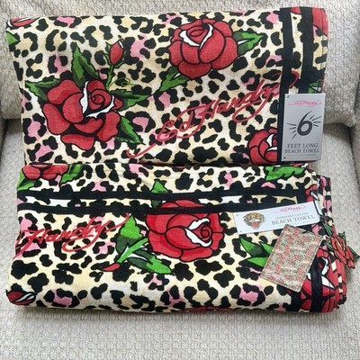 Ed Hardy Cheetah Leopard Print Oversize Beach Towels 2pc Set Red Rose 36x72 NWT