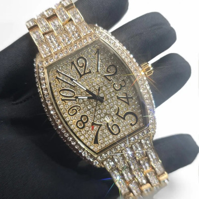 Diamond Watch For  Luxury Tonneau Stainless Steel Hip Hop Watches Unique Bling I