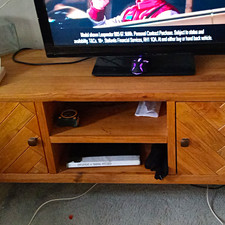 Wood TV Stand 2 Doors Open Storage Geometric Brown Freestanding Fully Assembled