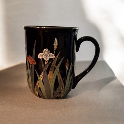 Vintage Otagiri Iris Flowers Coffee Tea Mug Cup Black Gold Trim No Cracks