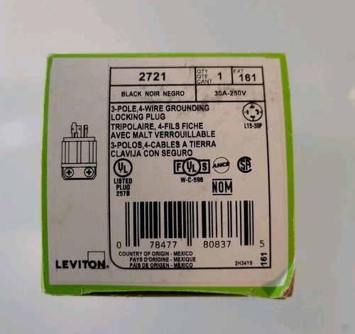 Leviton 2721 3 Pole 4 Wire Grounding Locking Plug Nema L1530P 30A 250V NEW - Bild 2 von 5