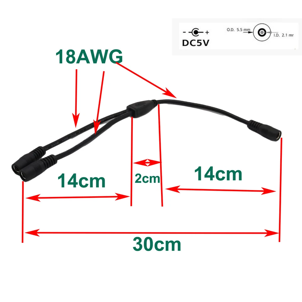 DC Power 1 Female to 2 Female Splitter Cable 5.5mm x 2.1mm CCTV LED Light 18AWG - Image 3 of 4