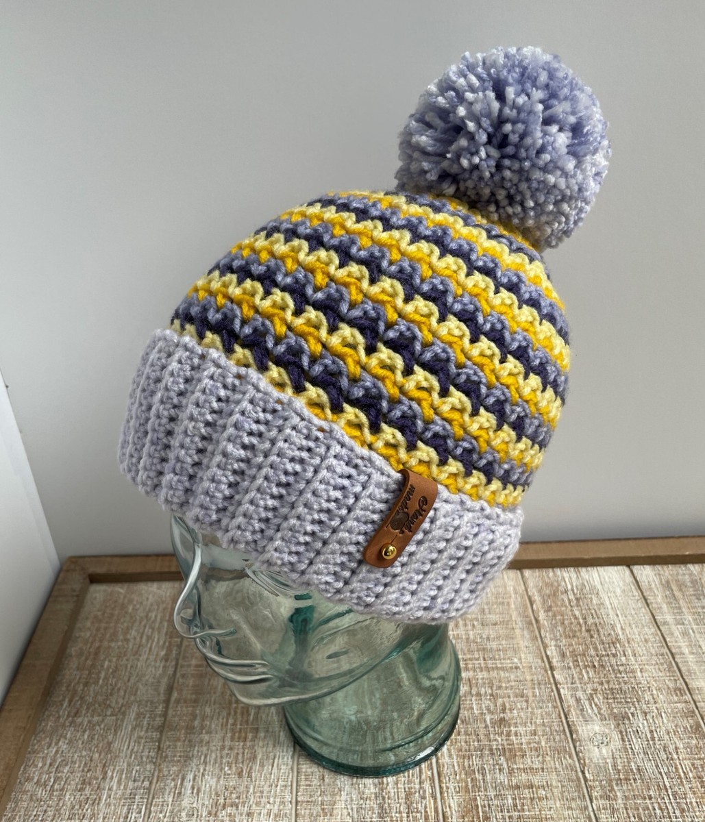 Handmade Crochet PomPom Striped Beanie Winter Hat blue yellow fold