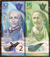 Barbados 2 and 5 Dollars 2022 Polymer Banknote Set World Paper Money UNC