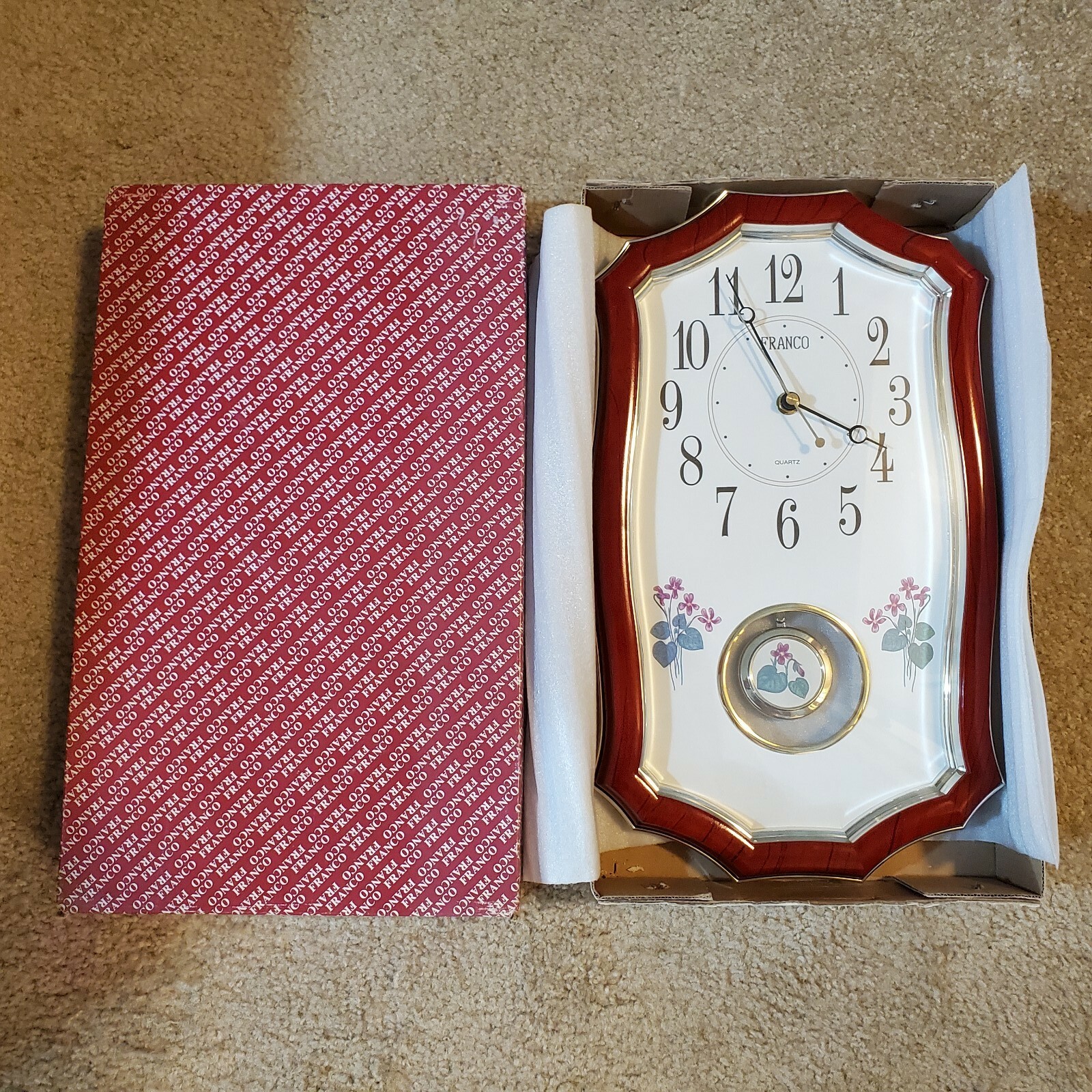 Vintage Franco Wall Clock With Pendulum Floral And Red Faux Wood Design Plastic