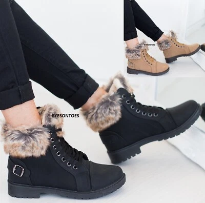 LADIES WOMENS WINTER ANKLE SHOES GRIP SOLE COMBAT ARMY HIKING FAUX FUR BOOTS SZ