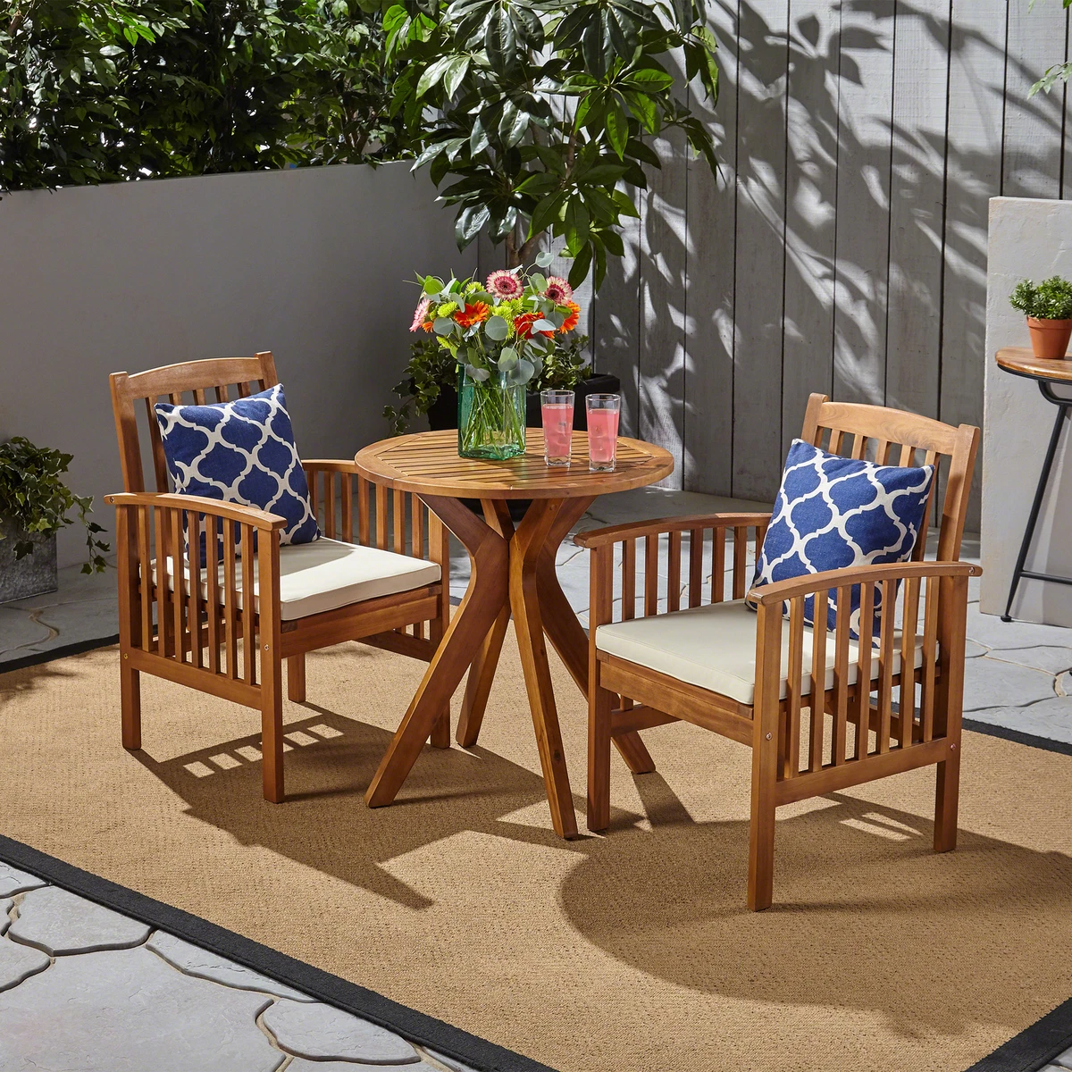 Phoenix Outdoor Acacia 2 Seater Bistro Set with Cushions and 28