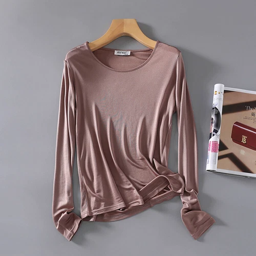 Women  Mulberry Silk Shirt Crew Neck Long Sleeve Bottoming Shirt Breathable Tops - Imagen 7 de 23