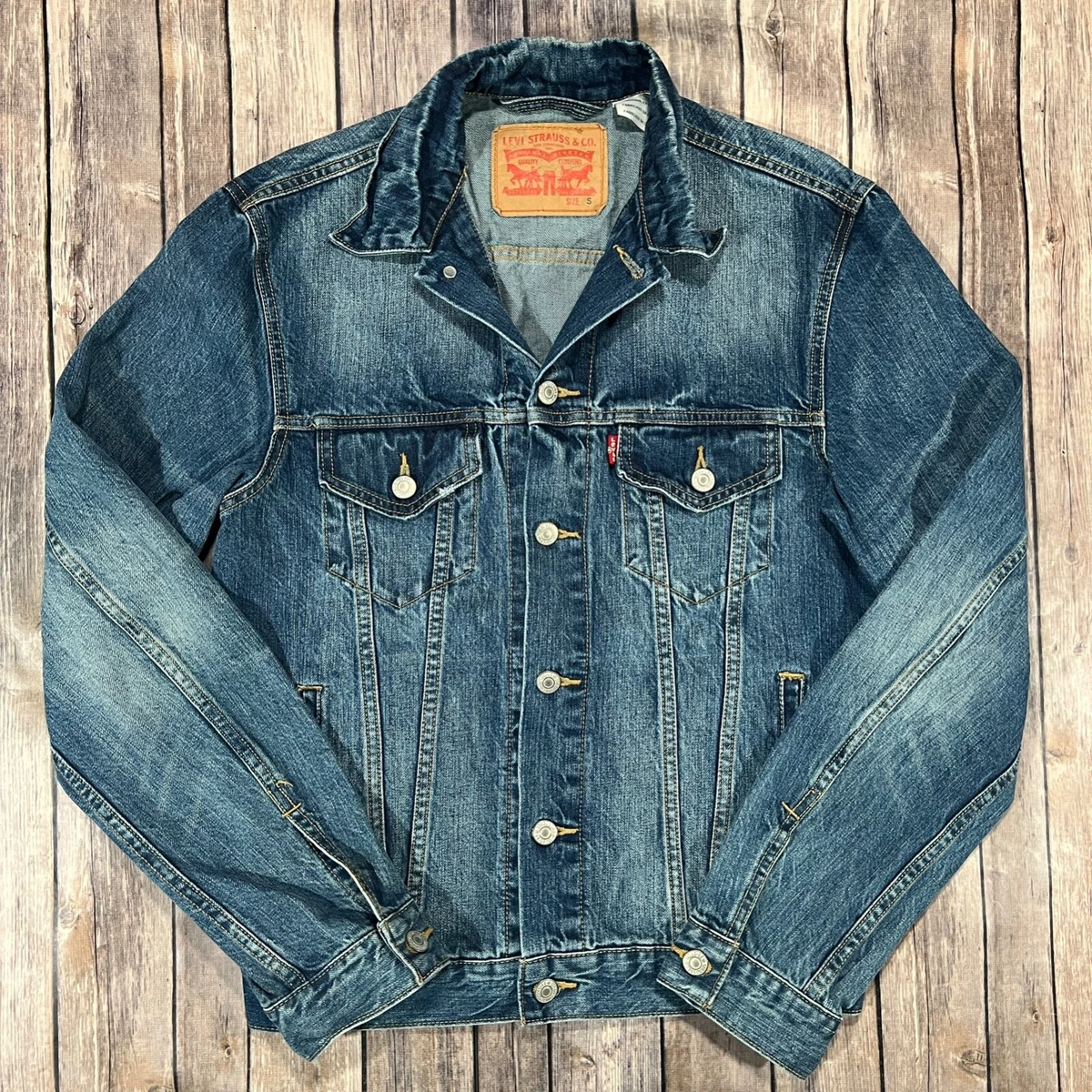 Levis Denim Trucker Jacket Blue Jean Small Mens Button Western Cotton Coat
