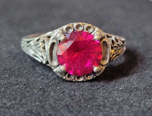 Ruby Filigree Victorian 925 Sterling Silver Ring  Size 7.5  1905 - Picture 1 of 6